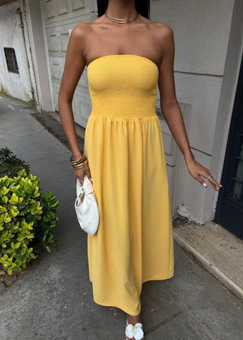 Lemon Daylight Strapless Smocked Maxi Dress
