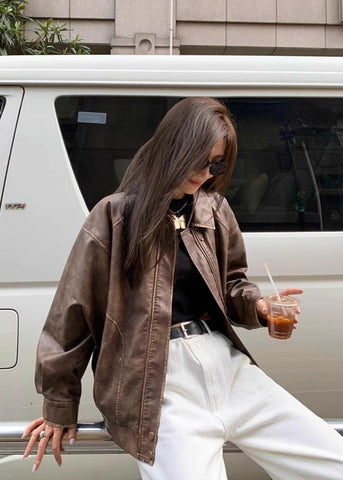 Nova Oversized Faux Leather Jacket Vintage Brown Streetwear Fit