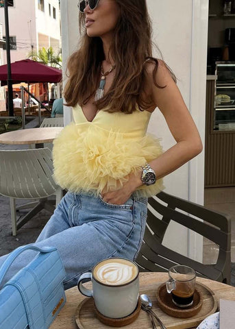 Limoncello Ruffle Peplum Top V-Neck Tulle Cami Blouse