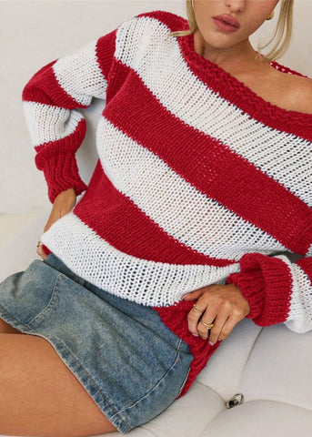 Nautica Navy and White Striped Boat Neck Sweater