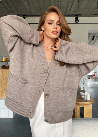 Oversized Knit Button Cardigan - Women's Long Sleeve V-Neck Sweater