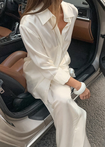 Ivory Drift Satin Relaxed Shirt & Pants Set