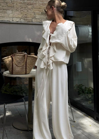 Serena Ruffle Lounge Set Flowy Two-Piece with Wide-Leg Pants