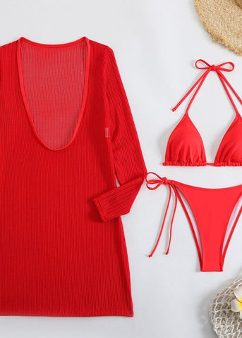Rio Glow - Sheer Knit Beach Cover-Up & Triangle Bikini Set