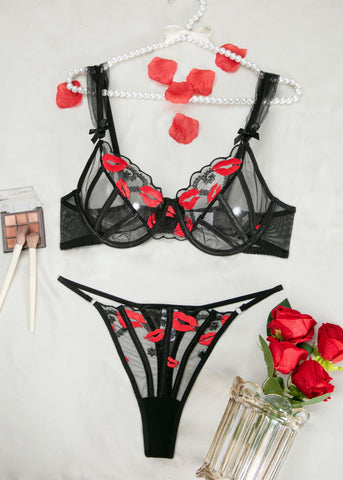 Elysse Red Kiss Embroidered Lingerie Set