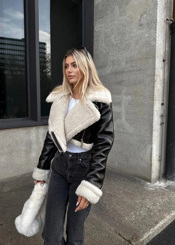 Luxe Sherpa Trim Leather Jacket - Short ZippeRed Style