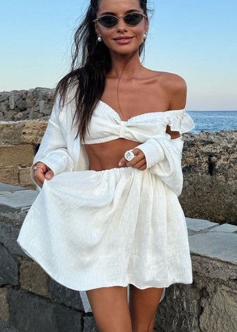 Isola Linen Ruffle Set Two-Piece Off-Shoulder Crop Top & Skirt