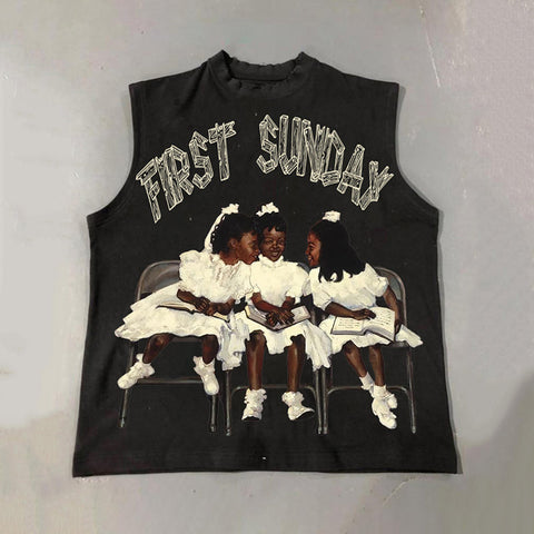 Retro First Sunday Faith Graphic Print Cotton Tank Top