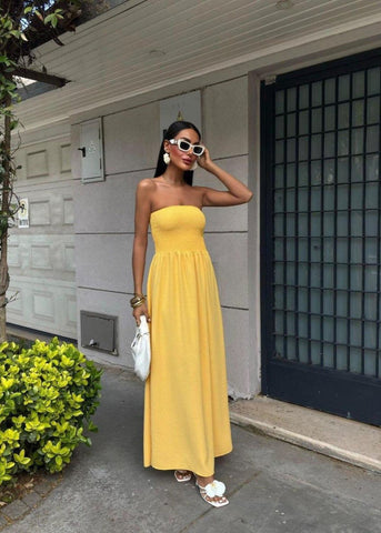 Lemon Daylight Strapless Smocked Maxi Dress