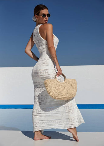 Serena Crochet Knit Maxi Dress Sleeveless Side Slit Cover-Up