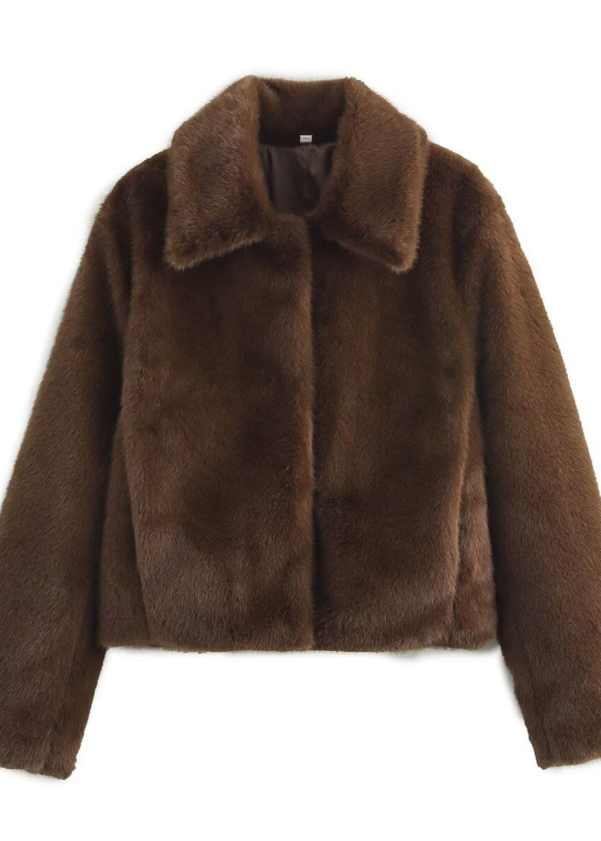 Plush Faux Fur Short Coat Dark Brown