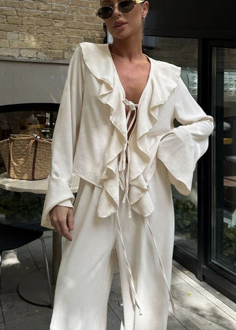 Serena Ruffle Lounge Set Flowy Two-Piece with Wide-Leg Pants