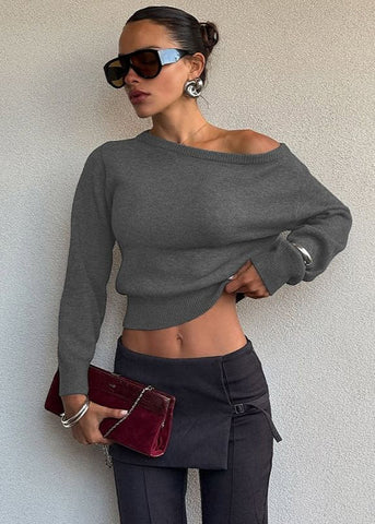 Off-Shoulder Cropped Knit Sweater Minimalist Elegance