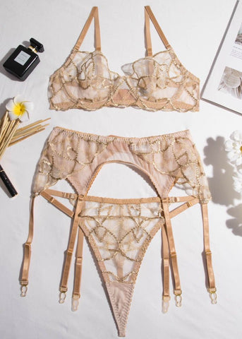 Golden Lace Three-Piece Lingerie Set Sheer Bra, Garter & Thong