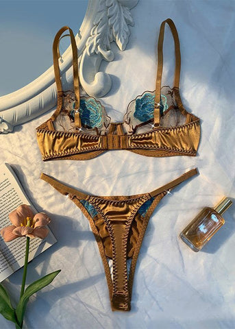 Golden Bloom - Satin Embroidered Lingerie Set