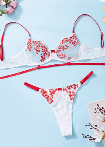 Scarlet Bloom - Sheer Embroidered Lingerie Set