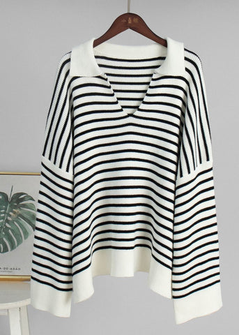 Mariner Striped V-Neck Knit Sweater with Wide Sleeves