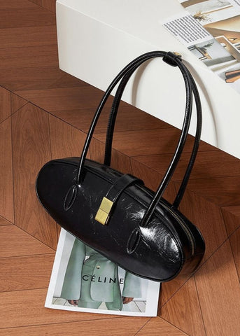 Oval Patent Leather Top Handle Bag Chic Structured Handbag for Women