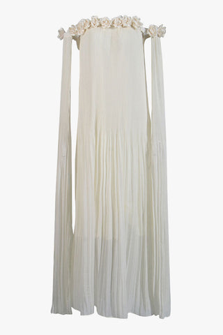 Elegant 3D Rosette Off Shoulder Cape Sleeve Pleated Evening Maxi Dress