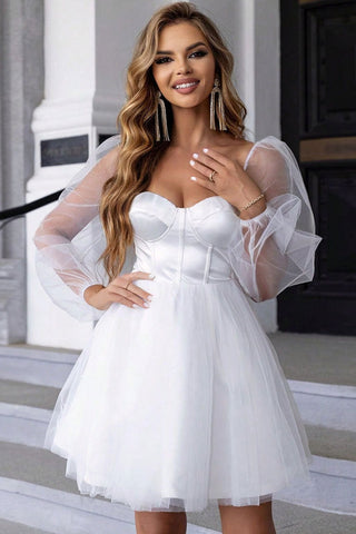 Elegant Bustier Puff Sleeve Satin Panel Tulle Skater Party Mini Dress