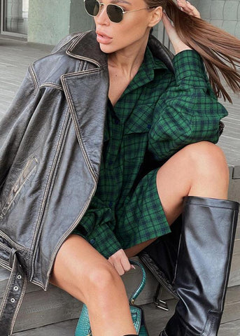 Oversized Retro Green Plaid Shirt Effortless Chic
