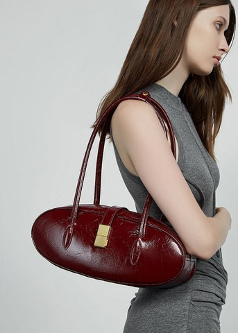 Oval Patent Leather Top Handle Bag Chic Structured Handbag for Women