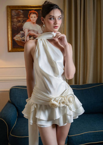 Rosette Mirage One-Shoulder Satin Mini Dress with Layered Skirt