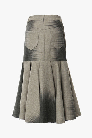 Feminine Brushstroke Print Ruched Pleated Woolen Blend Midi Mermaid Skirt