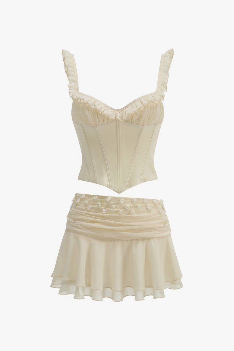 Feminine Ruffle Lace Up Corset Rosette Draped Skirt Two Piece Mini Dress