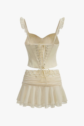 Feminine Ruffle Lace Up Corset Rosette Draped Skirt Two Piece Mini Dress