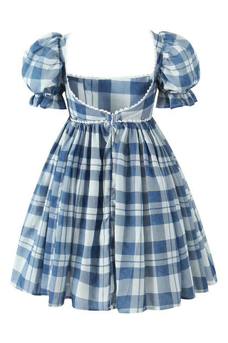 Floaty Bow Trim Puff Sleeve Gingham Print Summer Babydoll Mini Dress