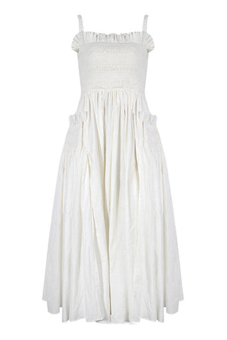 Flowy Ruffled Trim Fit & Flare Sleeveless Cutout Ruched Midi Sundress