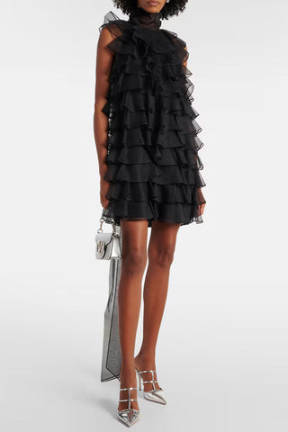 Girlish Bow Tie Neck Tiered Ruffle Sleeveless Chiffon Vacation Mini Dress