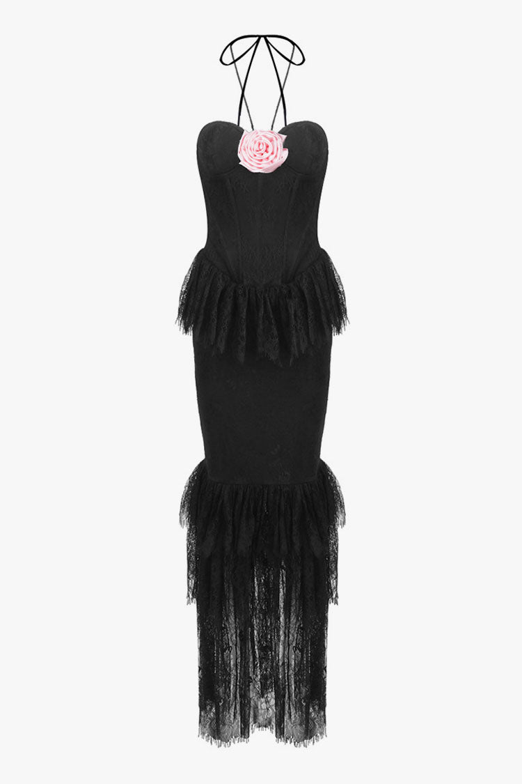 Glamorous Rosette Halter Bustier Tiered Ruffle Lace Formal Maxi Dress