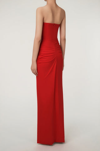 Glamorous Strapless Bustier Corset Draped Ruched Split Evening Maxi Dress