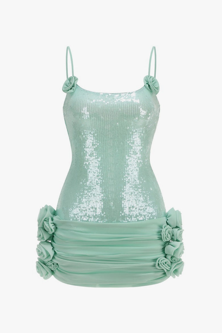 Glitter Sequin Sleeveless Lace Up Rosette Ruched Micro Mini Party Dress