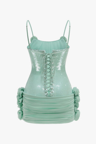 Glitter Sequin Sleeveless Lace Up Rosette Ruched Micro Mini Party Dress