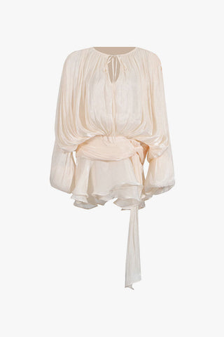 Glossy Tie Neck Pleated Lantern Sleeve Drop Waist Vacation Micro Mini Dress