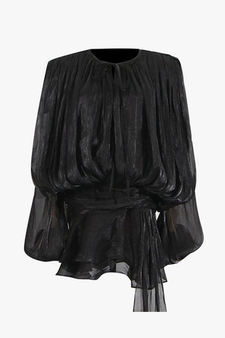 Glossy Tie Neck Pleated Lantern Sleeve Drop Waist Vacation Micro Mini Dress