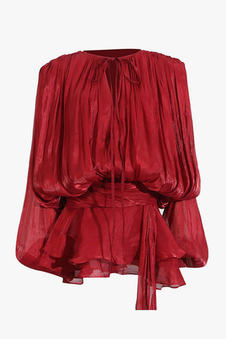 Glossy Tie Neck Pleated Lantern Sleeve Drop Waist Vacation Micro Mini Dress