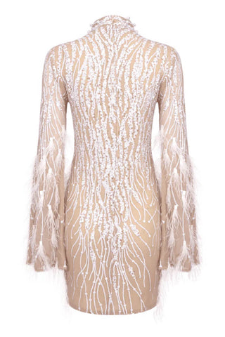 Lavish Feather Beaded Mock Neck Sheer Mesh Sequin Party Mini Dress