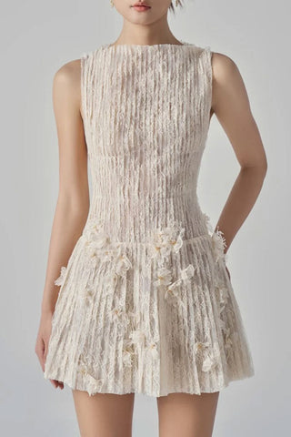 Luxury Crew Neck 3D Flower Sleeveless Lace Pleated Party Mini Dress