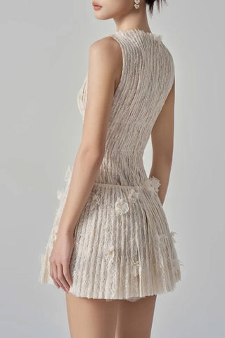 Luxury Crew Neck 3D Flower Sleeveless Lace Pleated Party Mini Dress