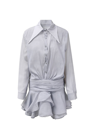 Luxury Crinkled Button Up Ruched Drop Waist Tiered Ruffle Mini Shirt Dress