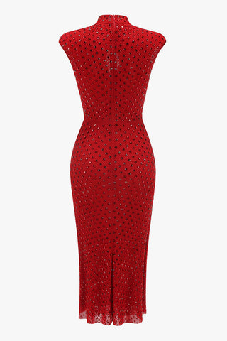 Luxury Rhinestone Rosette Mock Neck Fishnet Cocktail Party Midi Dress