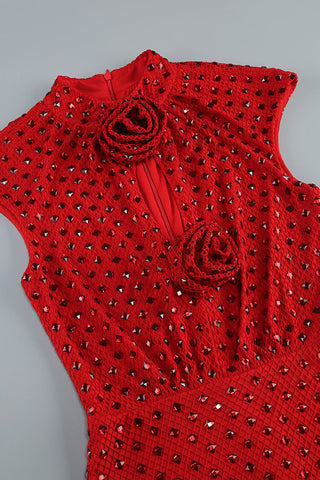 Luxury Rhinestone Rosette Mock Neck Fishnet Cocktail Party Midi Dress
