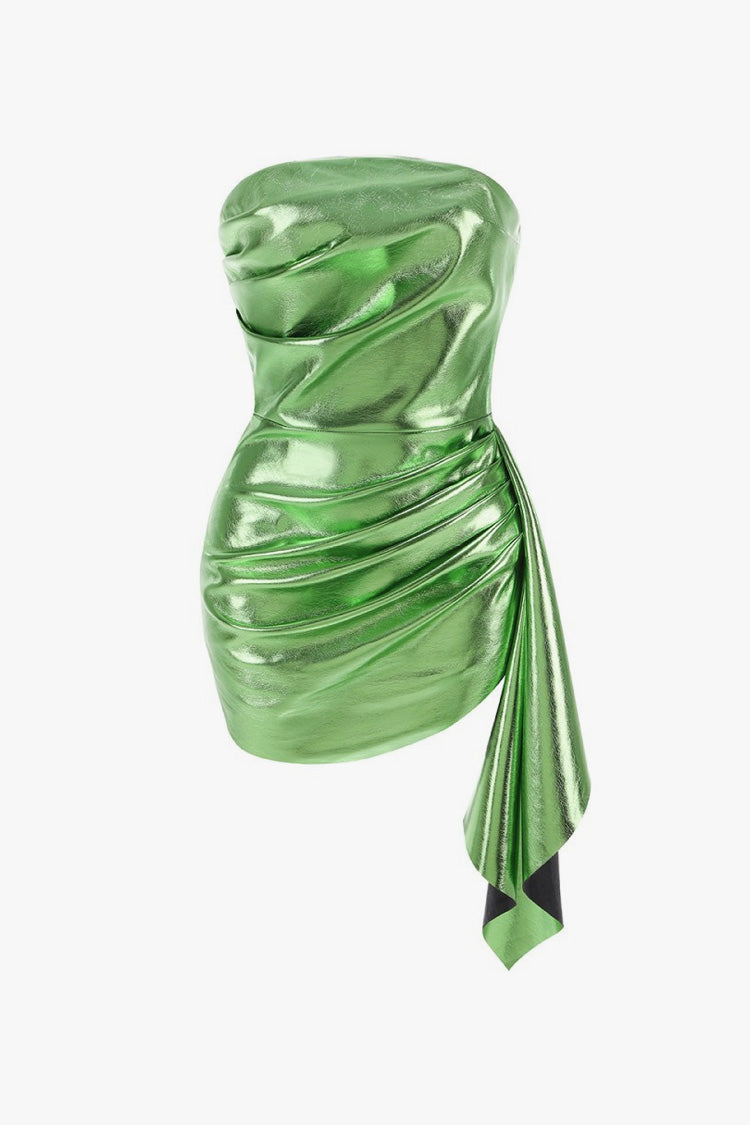 Metallic Faux Leather Ruched Draped Strapless Micro Mini Party Dress