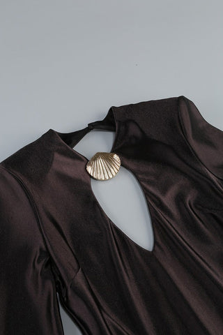 Metallic Seashell Crew Neck Long Sleeve Cutout Back Fishtail Maxi Dress