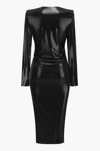 Metallic Snake Plunge Shoulder Pad Faux Leather Split Cocktail Midi Dress