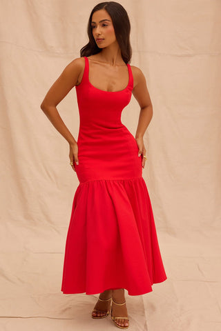 Minimal Scoop Neck Sleeveless Drop Waist Ruffle Cocktail Party Midi Dress